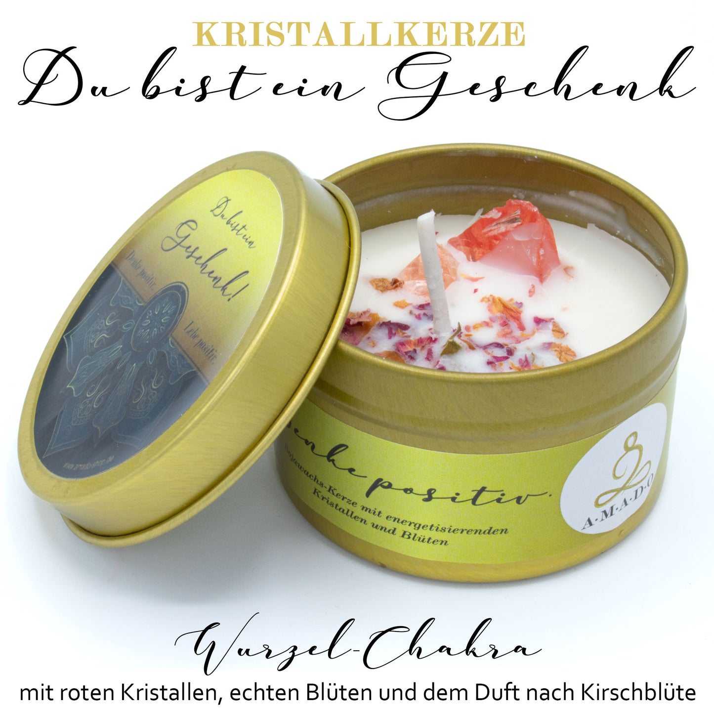 Chakra Kristallkerze in Bechdose · Duftkerze als Geschenk oder Mitbringsel - AMADO-SelfCare